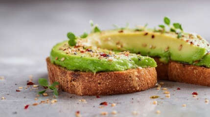 Close-up of sliced avocado on toast with seasoning and herbs on gray background
