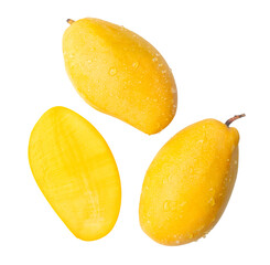 Top view set of two ripe yellow mangoes with half and water drops isolated on white background with clipping path