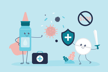 Pills and medicines defeat viruses and bacteria. Effective treatment, health protection, healthcare. Funny mascots heroes with positive faces.