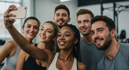 Obraz premium Grupo de pessoas, amigos tirando foto após treinar