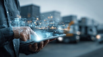 Modern executive managing global logistics through tablet interface, background showing trucks, trains, and cargo ships, with holographic supply chain network graphics