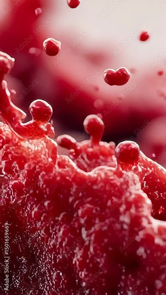 Poster dynamic close-up of a red liquid splash captured mid-motion with high detail and texture