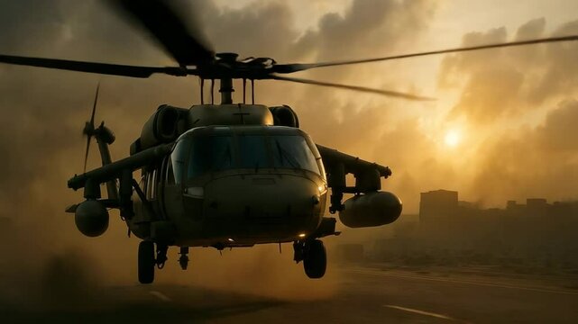 A military Helicopter taking off in a war zone