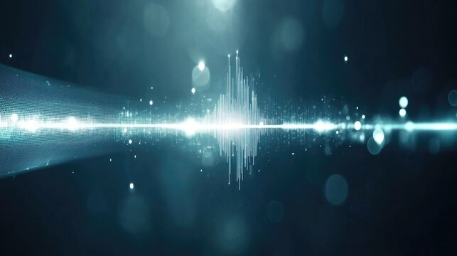 Teal abstract background with glowing light streaks and soundwave