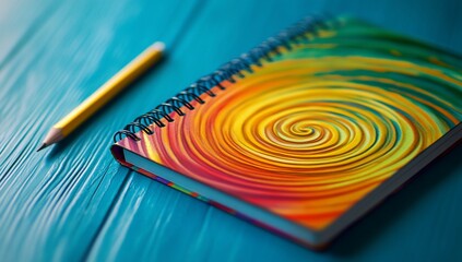 Colorful spiral notebook with pencil, and wood.