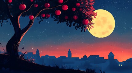 A nocturnal scene of a city skyline beneath a full moon and  tree.