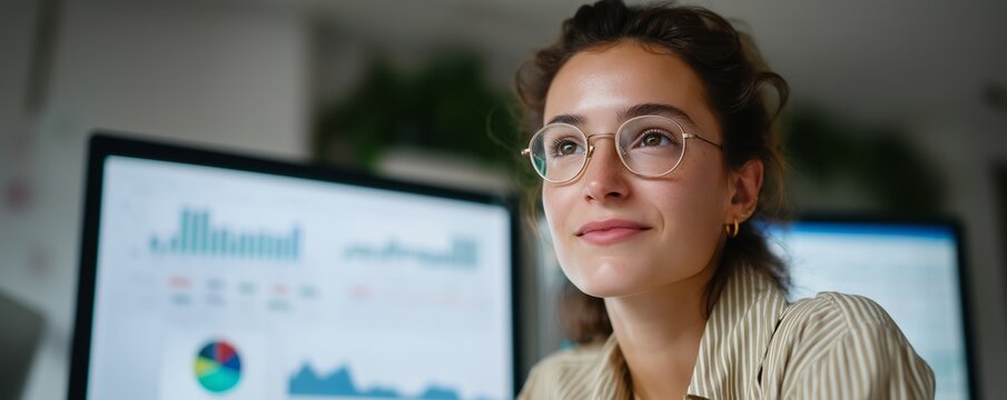 Caucasian young female analyzing data with glasses in office