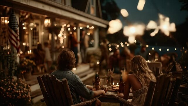 Outdoor night gathering on porch
