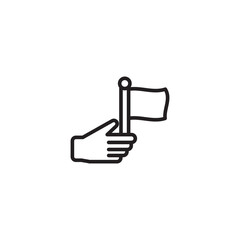 A minimalist black and white outline icon shows a hand holding a small flag on a pole, symbolizing victory, guidance, or marking a specific point or goal.Sources