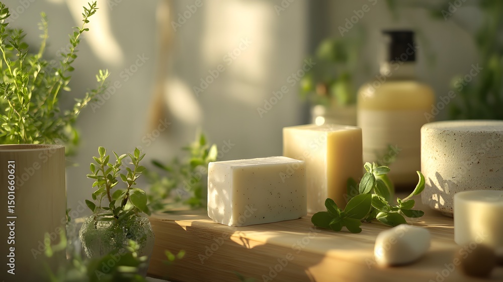 Poster elegant table arrangement featuring artisan soaps and candles creating a cozy and inviting atmospher