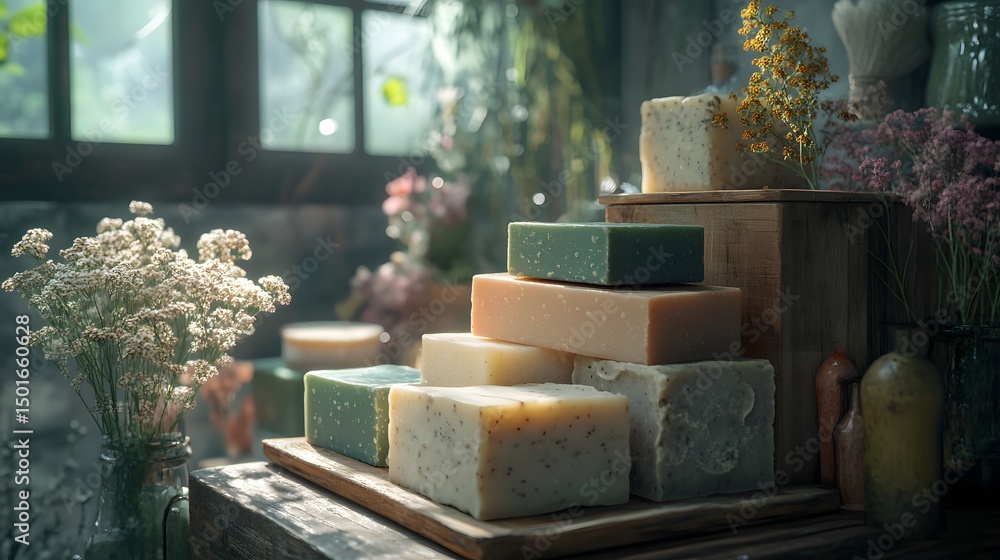 Poster beautiful display of artisan soaps surrounded by fresh flowers on a rustic table creating a charming