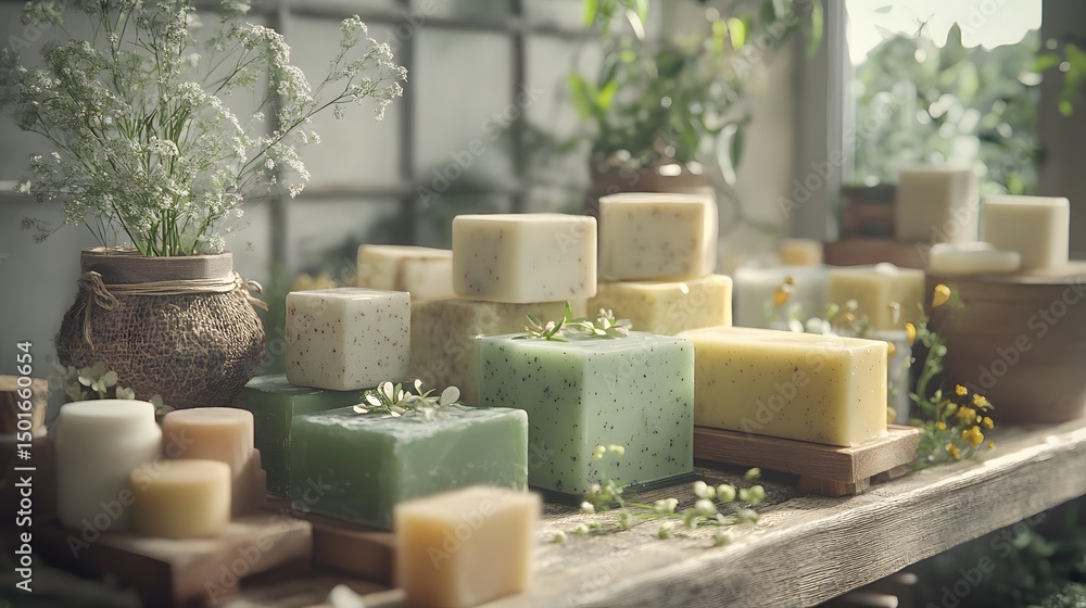 Poster neatly arranged collection of artisan soaps on a shelf showcasing various colors and textures for de