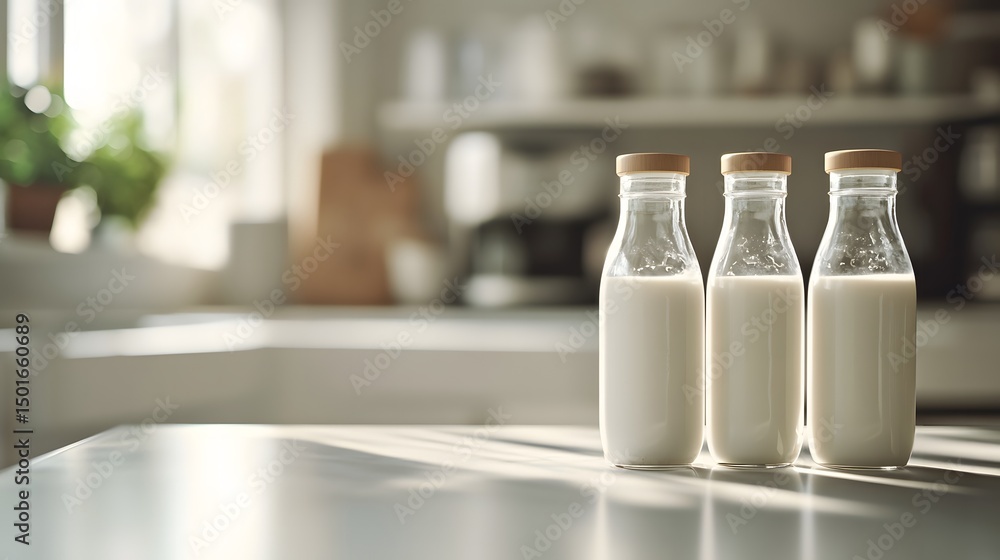 Poster two elegant bottles of plant-based milk gracefully arranged on a table with a bright and inviting ba