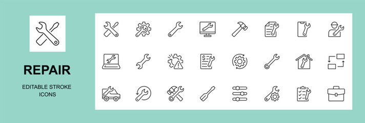 Repair icon set. maintenance, construction. Linear icon collection. Editable stroke.