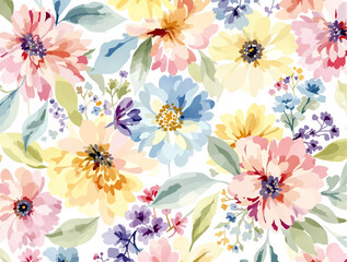 Watercolor floral seamless pattern with colorful flowers , leaves and branches