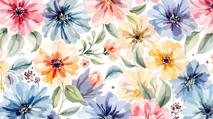 Watercolor seamless pattern with abstract bright flowers, leaves, branches. Hand drawn floral illustration isolated on white background