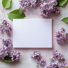 Blank paper surrounded by lilac flowers on a marble background.. ai generated