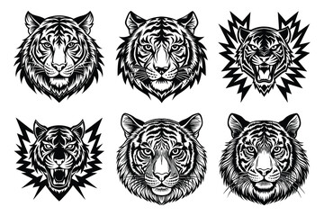 Collection of Six Stunning Black and White Tiger Head Illustrations