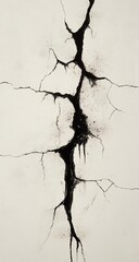 Cracked wall with black fissure, and art.