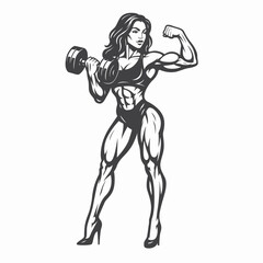 Stylized Illustration of a Muscular Female Bodybuilder Posing