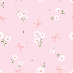 Seamless pattern with daisy chamomile flower and ribbon bows on pink background vector.