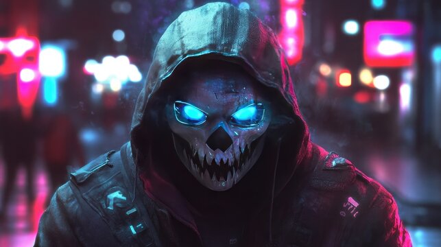 Glowing-eyed skull mask in hooded jacket, neon city backdrop