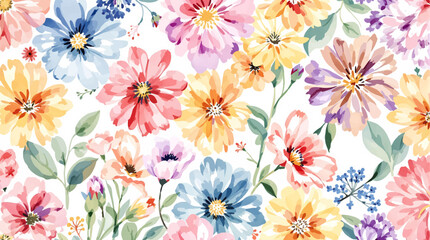 Colorful watercolor floral border design with various flowers and leaves on a white background.
