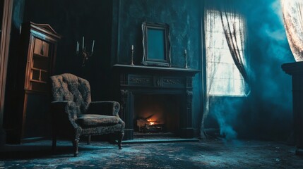Abandoned victorian house interior with fireplace cartoon background. Antique messy furniture and broken armchair with spider web design. 