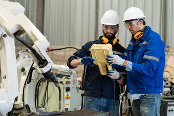 Team of professional man engineer working and control automatics robotic arm welding in industry...