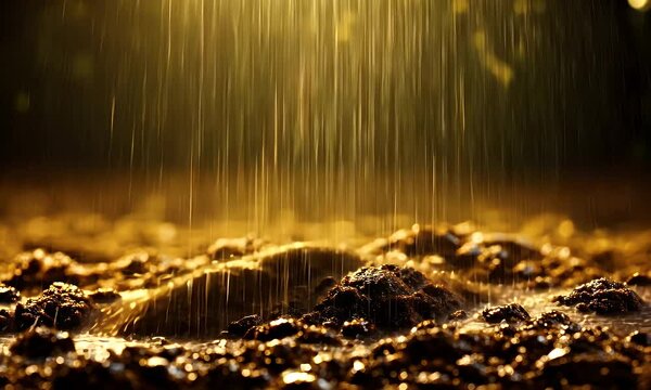 Rain falling on soil and ground