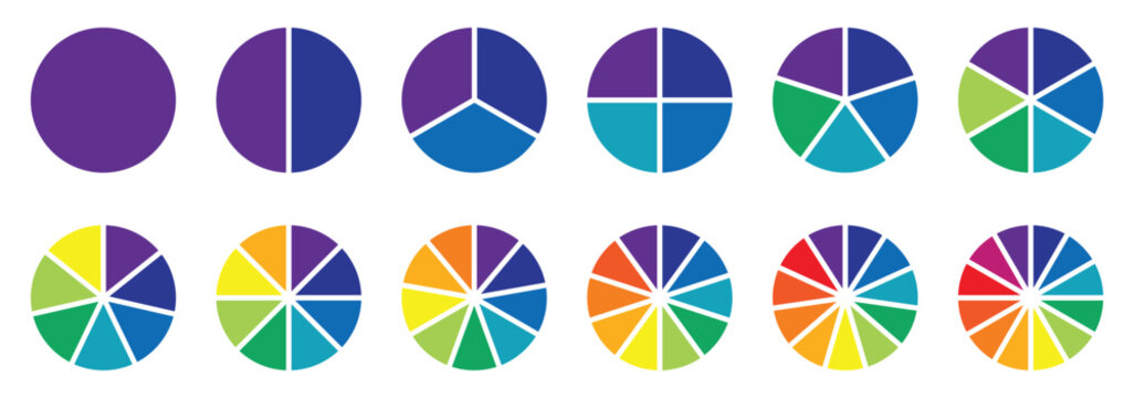 Pie Chart Fractions Geometry Mathematical Vector. Circle division. Unit Fraction. Ratio and parts. Ring or donut round diagram. Infographic wheel segment and fraction. Slices, pieces vector.