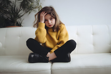 Sad Girl on White Sofa