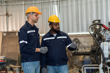Industry factory. Diverse of engineers worker in workshop. Team of male engineer at place of work. Portrait of engineer working at factory. Two male engineers. Unity and teamwork concept