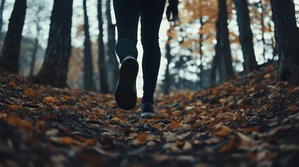 Autumnal Forest Walk: A Low-Angle View of Feet on Fallen Leaves