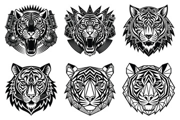 Geometric Tiger Head Illustrations Six Unique Designs for Art, Prints, and Tattoos