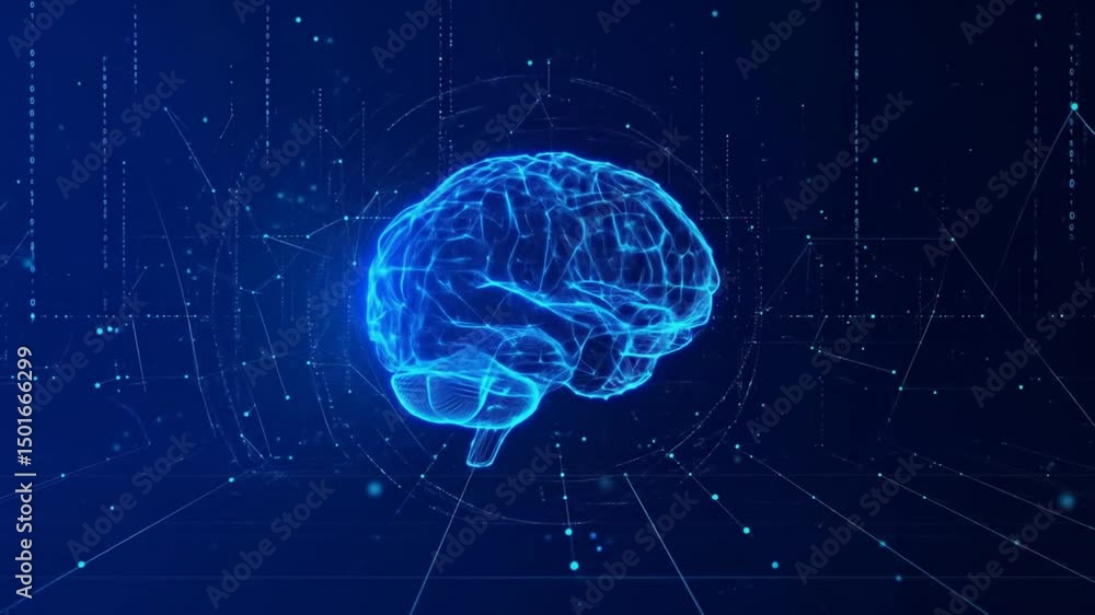Poster animated digital brain hologram rotating on a dark blue background with futuristic lines