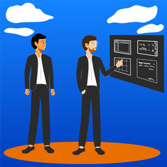 Professional vector illustration of two to three business people having a conversation, suitable for presentations, websites, marketing materials, or HR and communication topics. The characters are dr