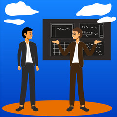 Professional vector illustration of two to three business people having a conversation, suitable for presentations, websites, marketing materials, or HR and communication topics. The characters are dr