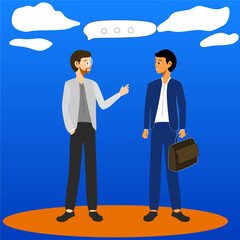 Professional vector illustration of two to three business people having a conversation, suitable for presentations, websites, marketing materials, or HR and communication topics. The characters are dr