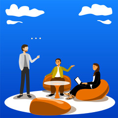 Professional vector illustration of two to three business people having a conversation, suitable for presentations, websites, marketing materials, or HR and communication topics. The characters are dr