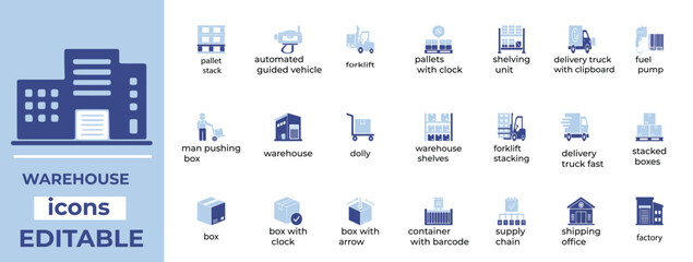 Clean vector icons for warehouse, logistics, shipping, and storage