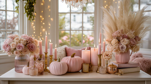 Elegant table display with pink roses, pumpkins, candles and pampas grass against window with soft light. Perfect for a pink fall decor inspiration.