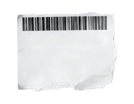 ripped shipping label with barcode on torn white paper, realistic delivery tag mockup, postal packaging concept on isolated background
