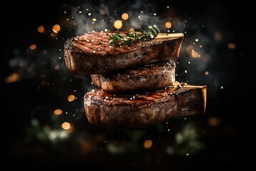 Exquisite premium steaks flying in elegant motion, perfectly seared and tender middle parts of medium rare, gentle steam and seasoning, ink sketch background.