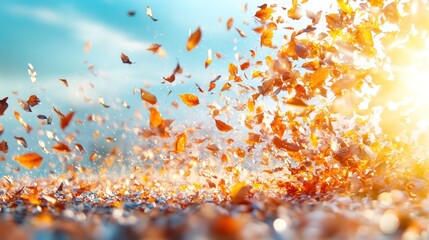 Delicate Fall Background with Floating Orange and Brown Leaves Against a Blue Sky