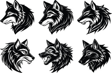 Fototapeta premium Collection of Six Stylized Wolf Head Illustrations Black and White Vector Graphics