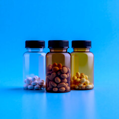 Realistic 3D render of various clear pill bottles with medication, no labels, on clean blue backdrop
