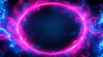 Obraz premium Neon light border glowing in electric pink and blue, dark background, futuristic cyberpunk style, reflections and light trails around the frame, empty center for copy space