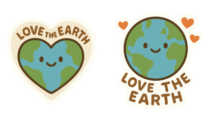 Love the Earth Sticker Set – Cute Smiling Planet with Hearts – Eco-Friendly Message of Planet Care and Sustainability – Vector PNG with Transparent Background

