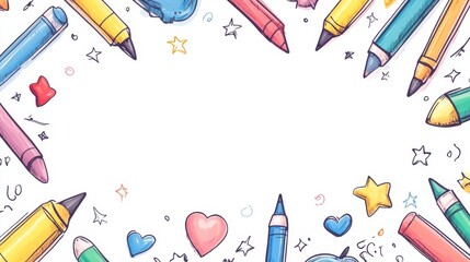 Playful kids doodle frame border, colorful hand-drawn crayons and shapes, stars, hearts, toys around the edge, white paper background with copy space in center, fun and cheerful style
